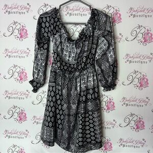 Guess Black White paisley floral Aztec Bishop Sleeve Sundress scoop